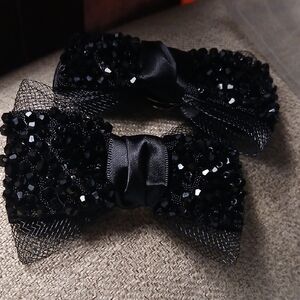 Black Beaded Bow Shoe Clips - Pair